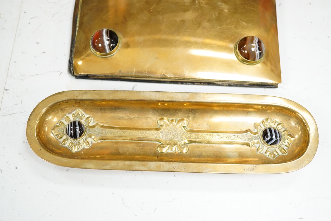 A Victorian brass and agate cabochon mounted set desk set and similar pedestal dish- 29cm diameter.